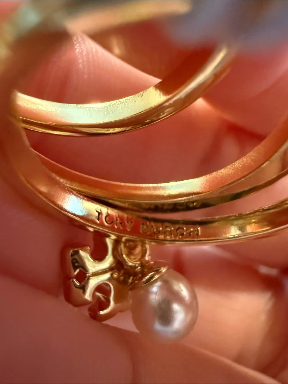 Tory Burch | Gold-Plated, Pearl & Pave Crystal Logo Charm Ring | Size 7